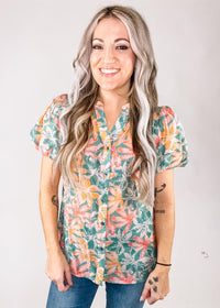 Aqua and Orange Floral Blouse