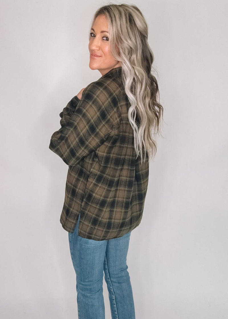 Raglan Sleeve Plaid Button Down Shirt