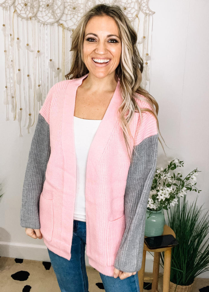 Blush Loose Fit Cardigan with Grey Sleeve Contrast