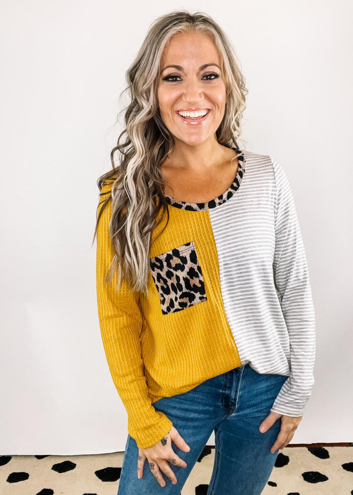 Mustard Thermal Waffle Knit Top