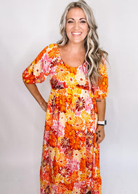 Orange Multi Flower Tiered Dress