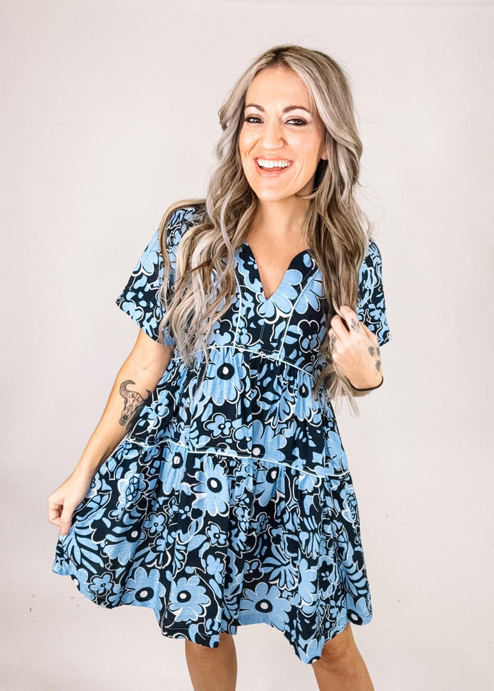 Sky and Navy Floral Babydoll Dress