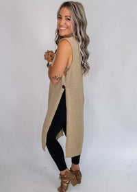 Side Button Sleeveless Open Longline Sweater