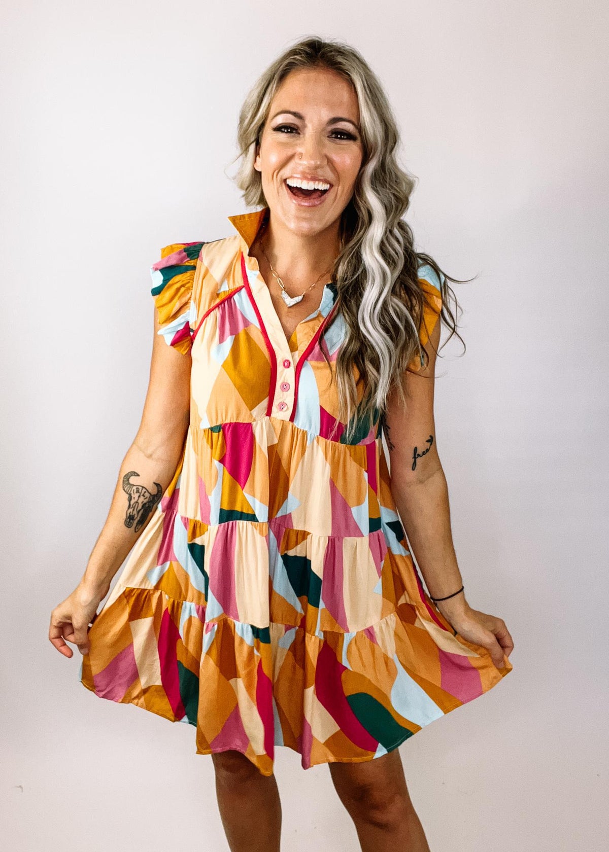 Peach and Fuchsia Printed Flutter Sleeve Dress