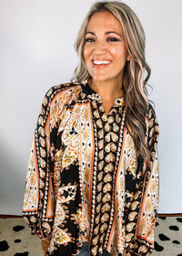 Printed Covered Button Blouse