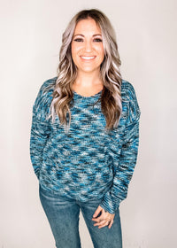 Blue Heathered Twist Back Sweater