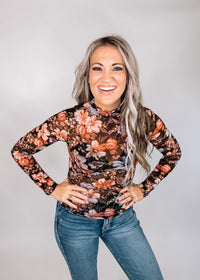 Gili Black Mesh Floral Mock Neck Top