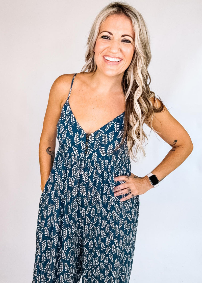 Boho Fern Printed Sleeveless Jumpsuit