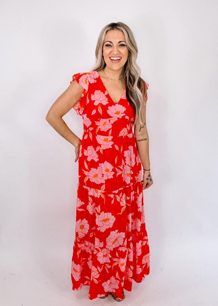 Red and Pink Tiered Maxi Dress