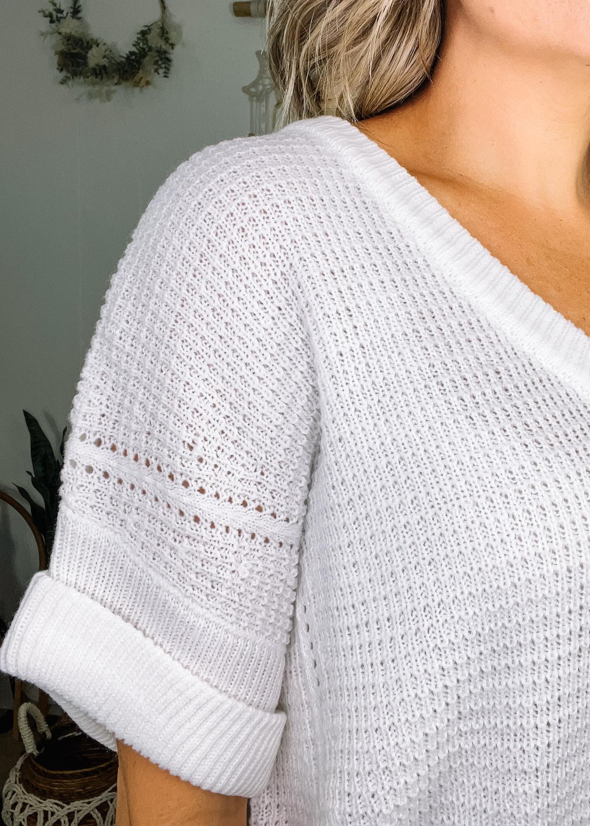 Short Sleeve V Neck Knit Sweater