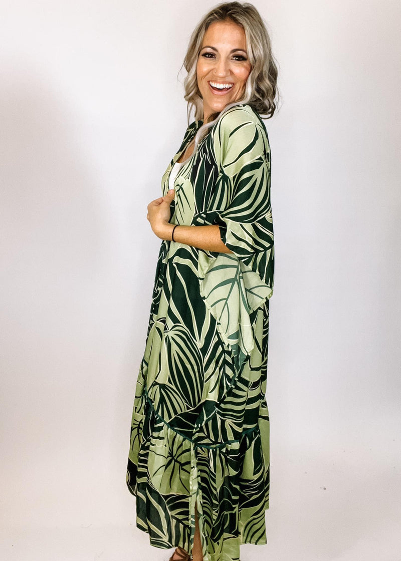 Green Palm Leaf Printed Kimono