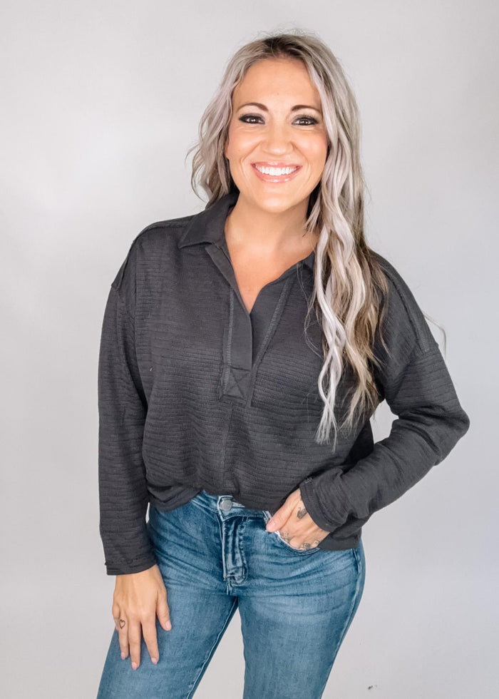Charcoal Exposed Seam Polo Top