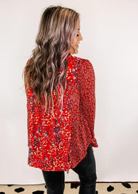 Deep Red Metallic Mixed Print Blouse