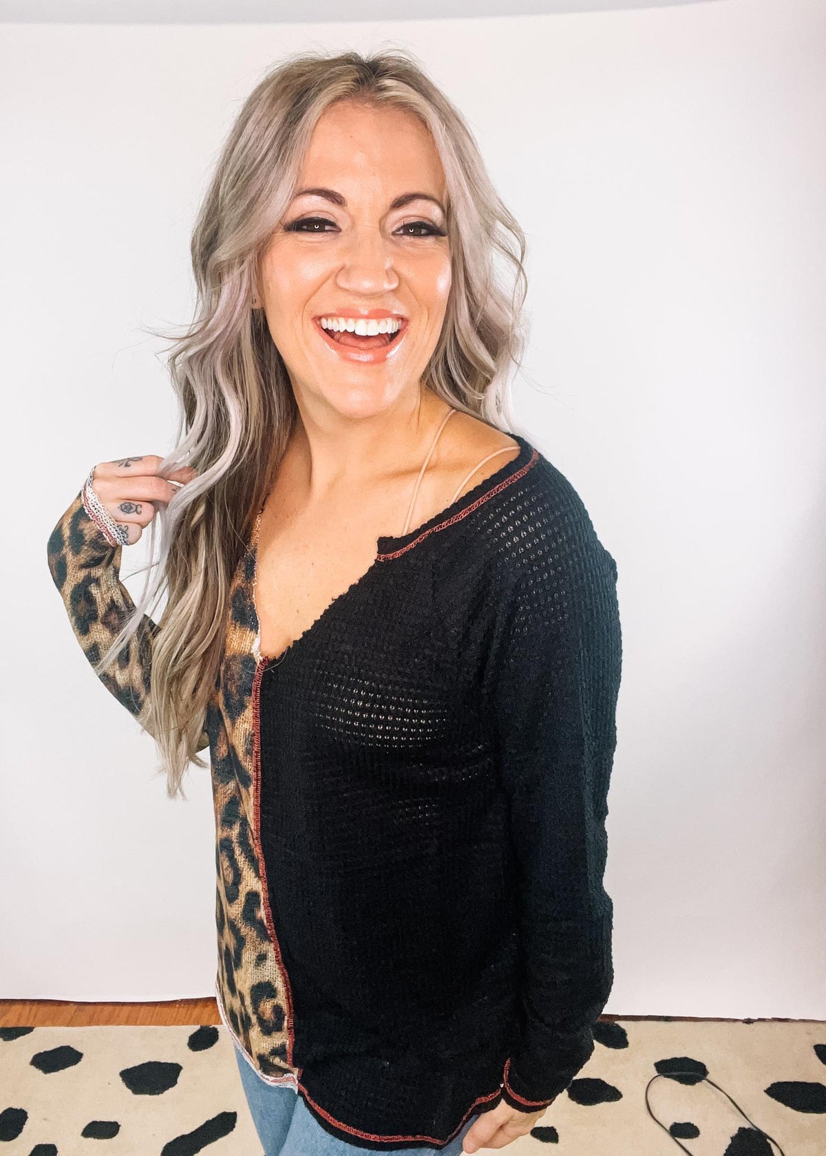 Leopard Waffle Popcorn Knit Top