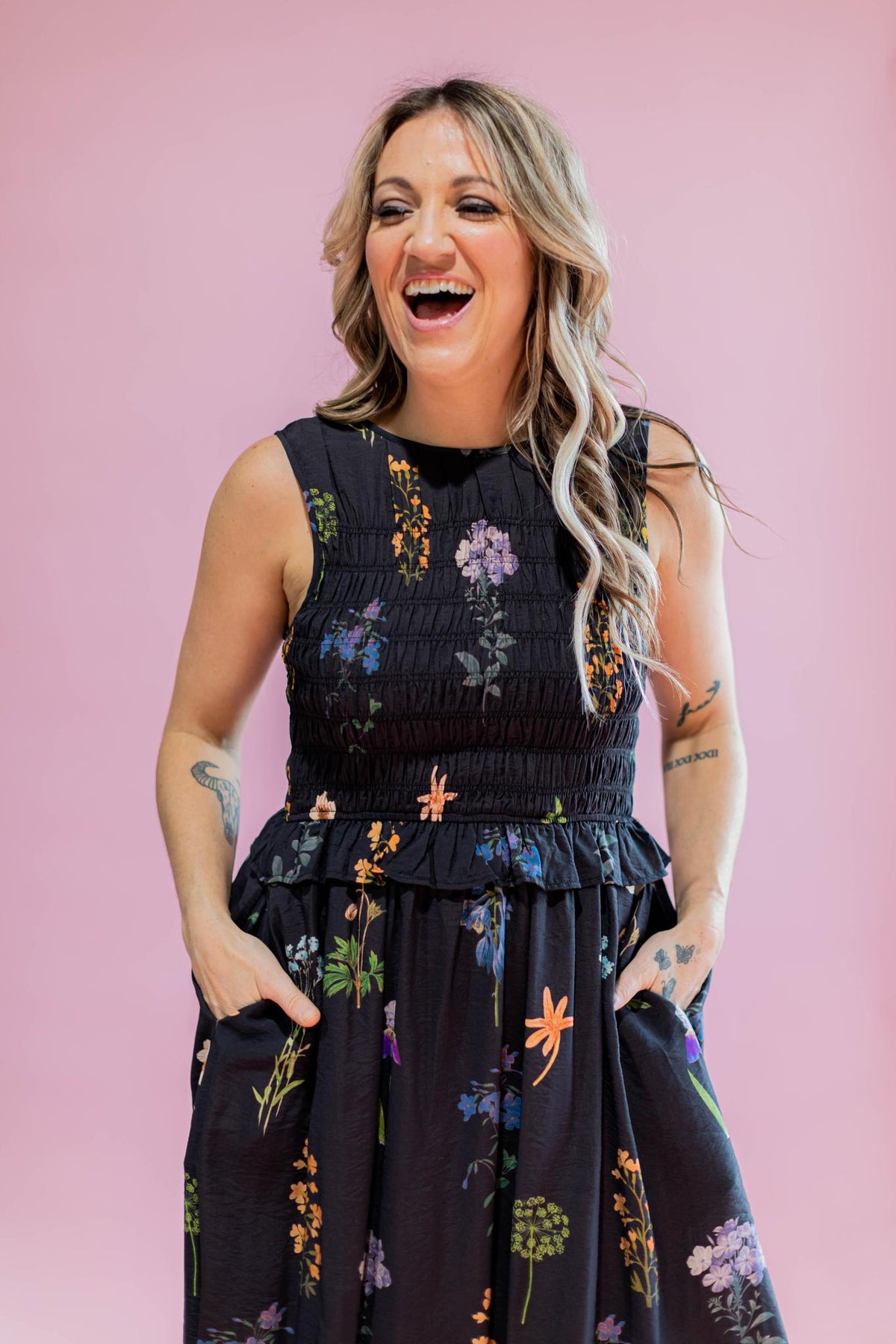 Black Smocked Top Floral Maxi