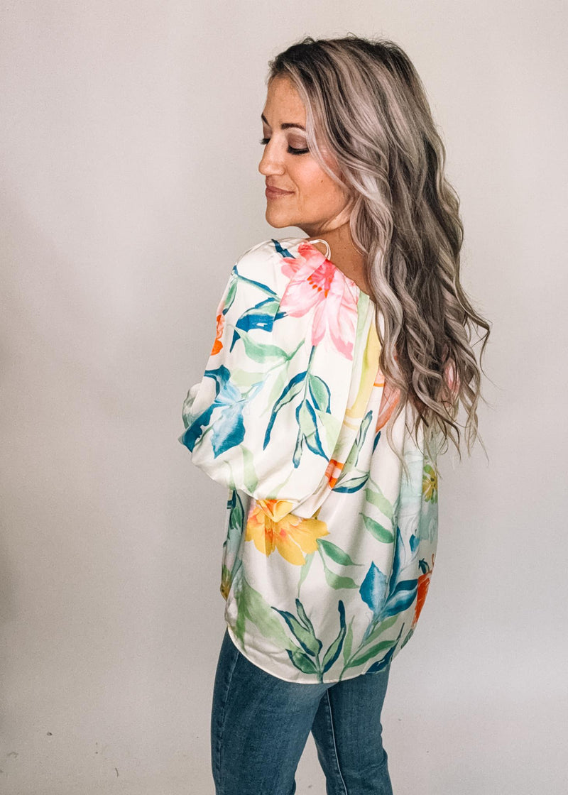 Colorful Floral Cream Satin Blouse