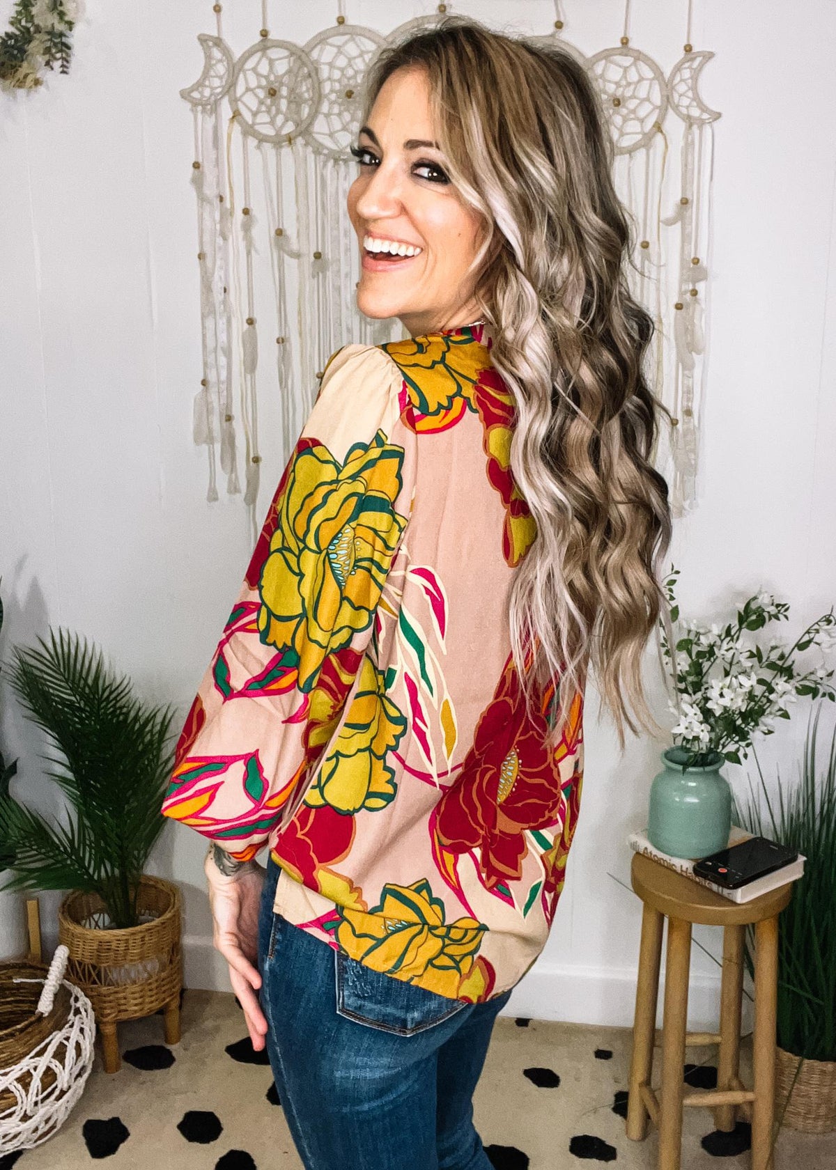 Floral Split Neck Blouse with Smocked Sleeve