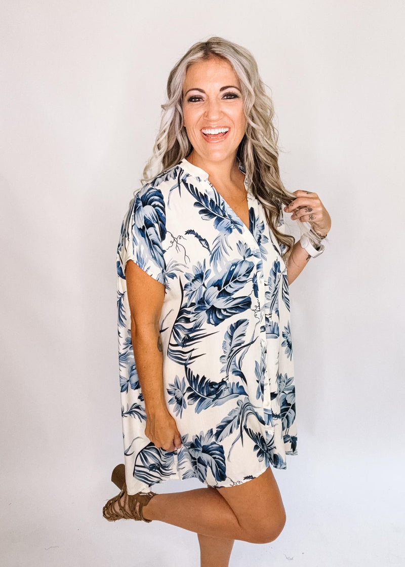 Cream and Blue Leafy Button Up Shirt Dress
