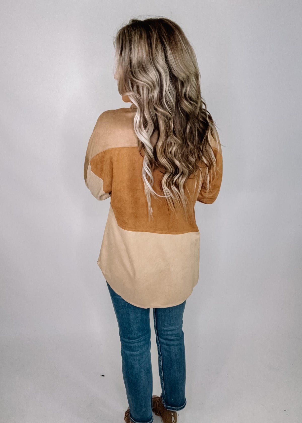 Color Block Suede Button Up Top