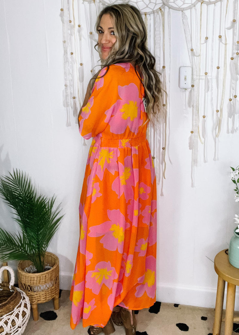 Bright Floral Surplice Ruffle Sleeve Maxi Dress