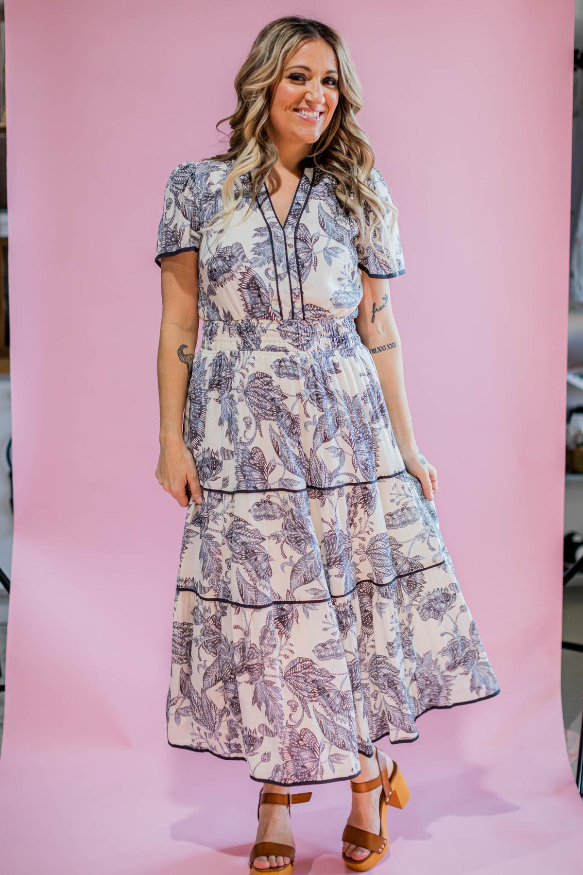 Grey Trim and Printed Maxi Dress