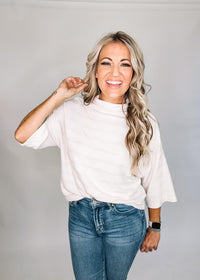 Stripe Textured Mock Neck Half Sleeve Top