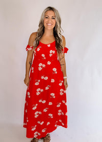 Red Floral Smocked Dress with Arm Straps