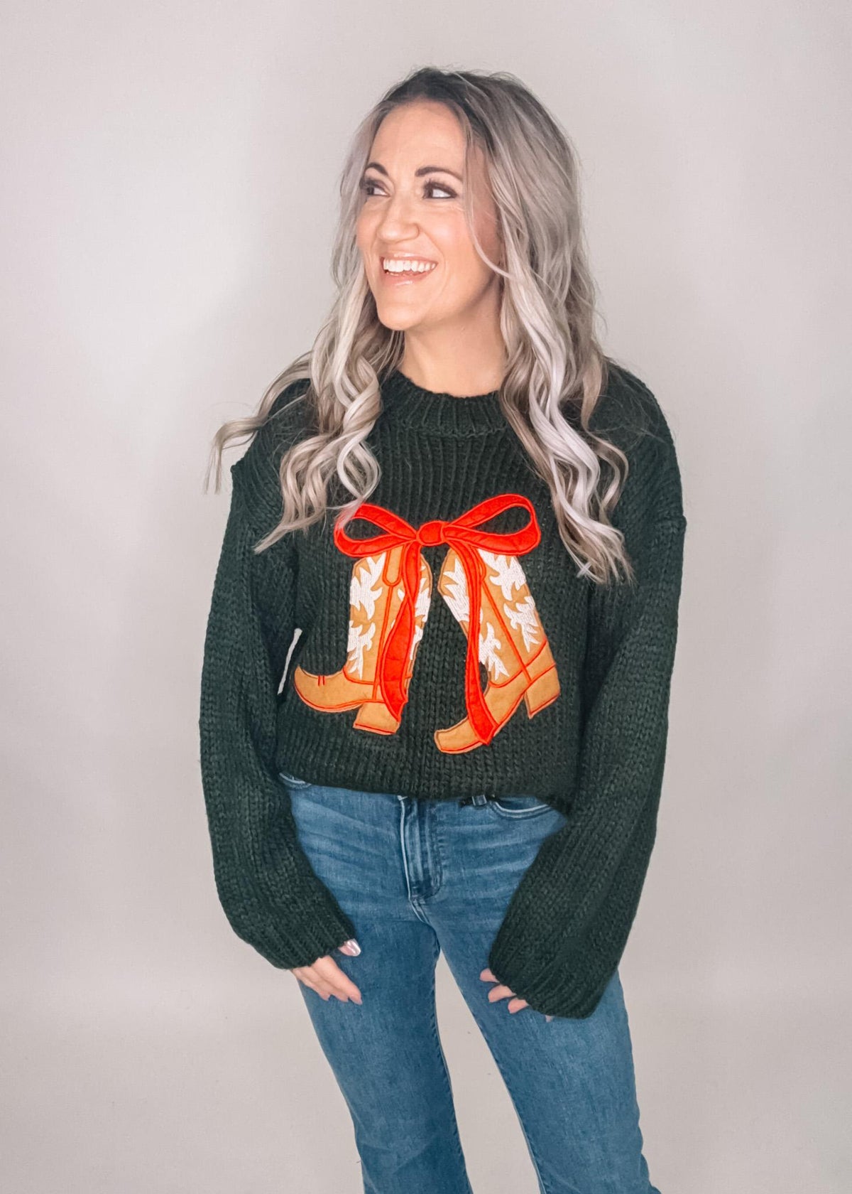 Festive Cowgirl Boot Knit Sweater