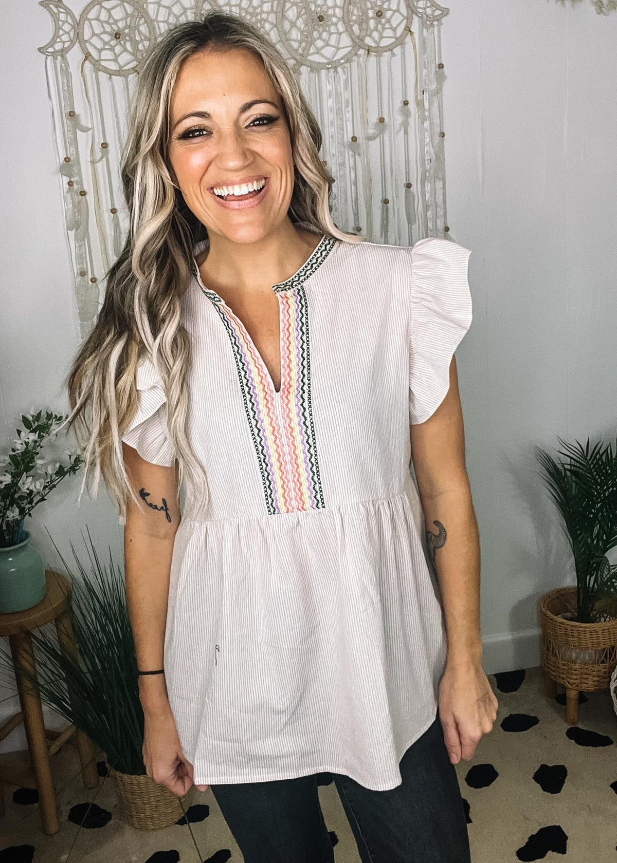 Taupe Embroidery Flutter Sleeve Babydoll Top