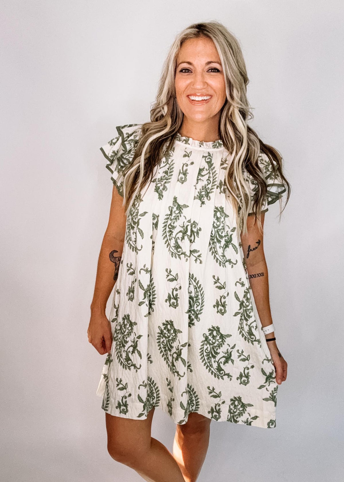 Green and Linen Paisley High Neck Dress