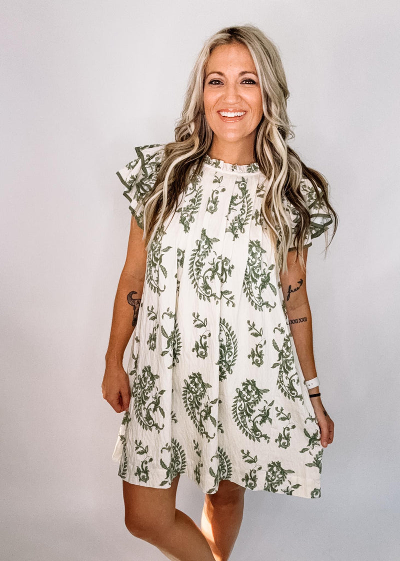 Green and Linen Paisley High Neck Dress