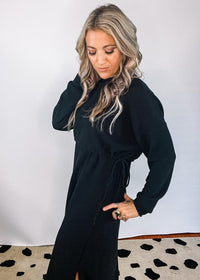 Black Cloudy Knit Long Sleeve Dress