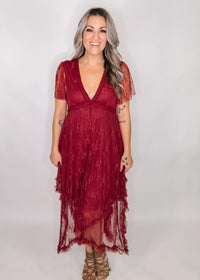 Burgundy Lace Asymmetric Hem Dress