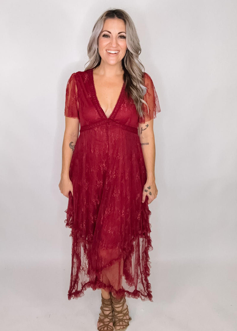 Burgundy Lace Asymmetric Hem Dress