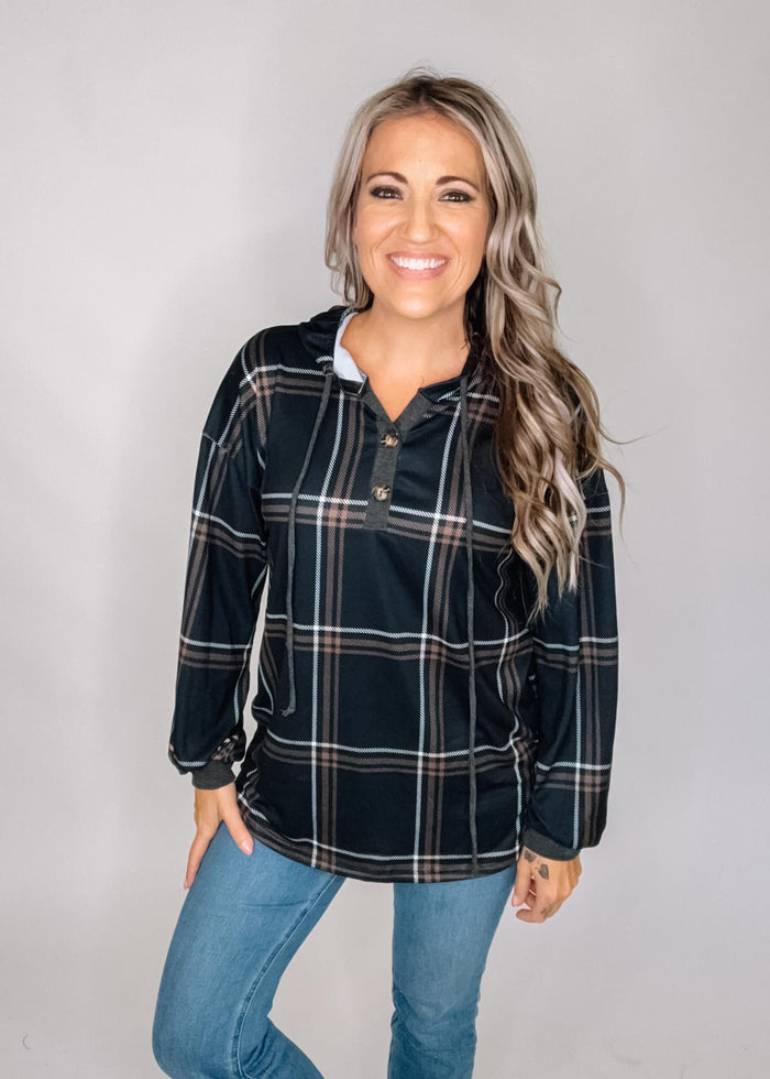 Black and Caramel Plaid Hoodie