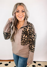 Mocha Brushed Terry Leopard Block Zip Up