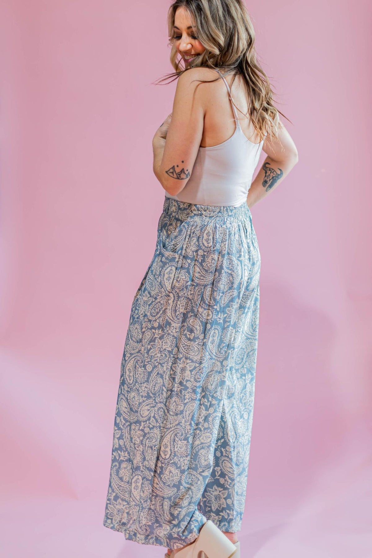 Light Blue Damask Wide Leg Pants