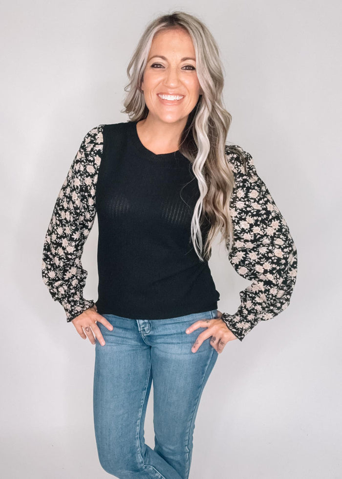 Black Ribbed Top with Floral Smocked Cuff Sleeves