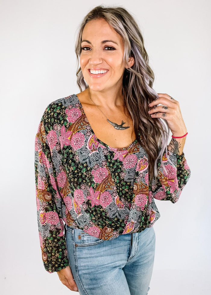 Black Orchid Print Scoop Blouse