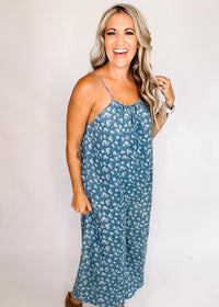 Chambray Floral Print Adjustable Strap Jumpsuit