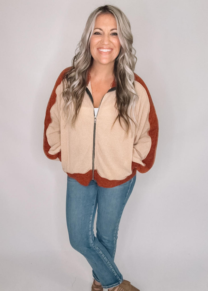 High Neck Zip Up Two Tone Jacquard Jacket