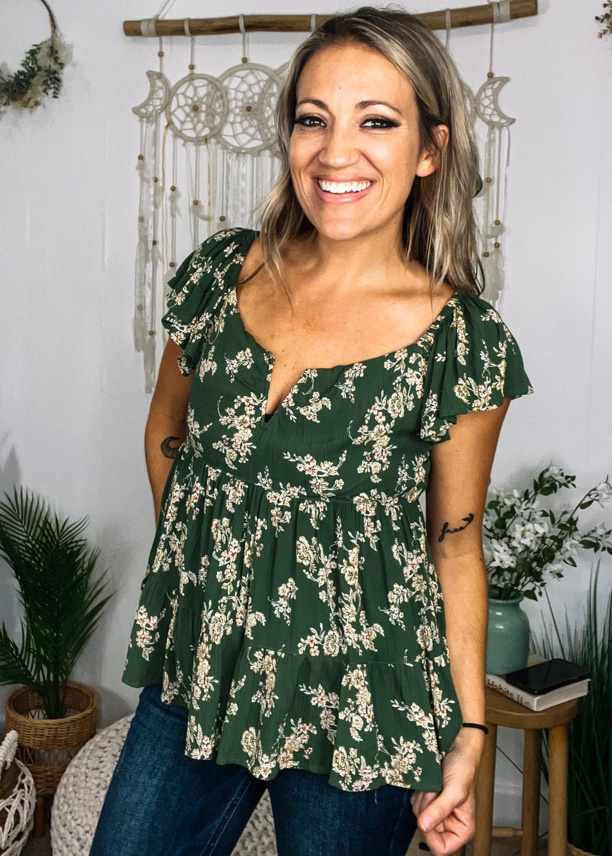 Olive and Ivory Floral Blouse