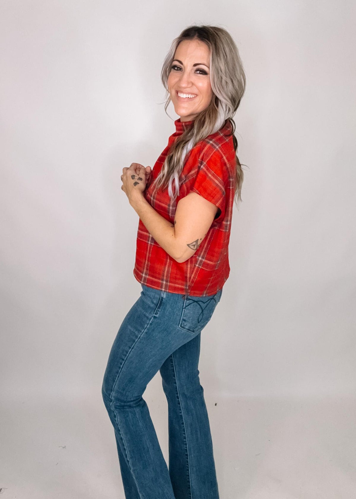 Red Plaid Mock Neck Top