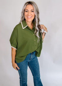 Olive Embroidered Trim Poncho Top