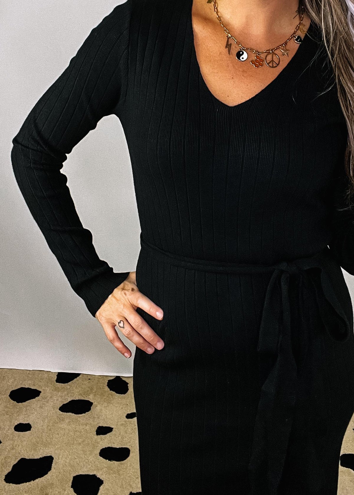 Black Sweater Dress with Tie Waist