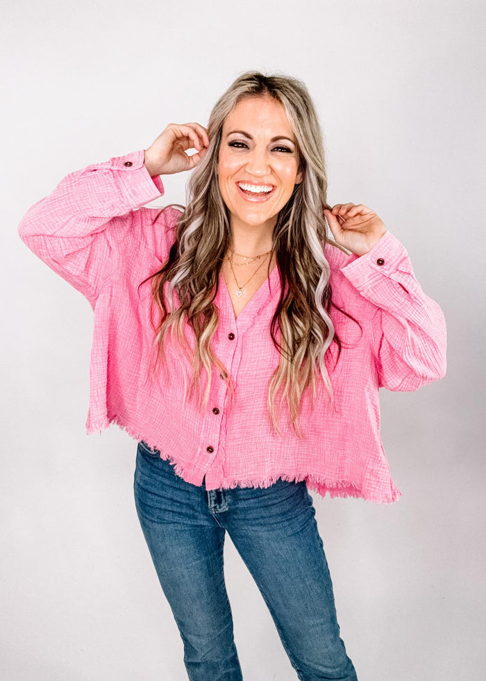 Bubble Pink Gauze Button Down Pocket Top