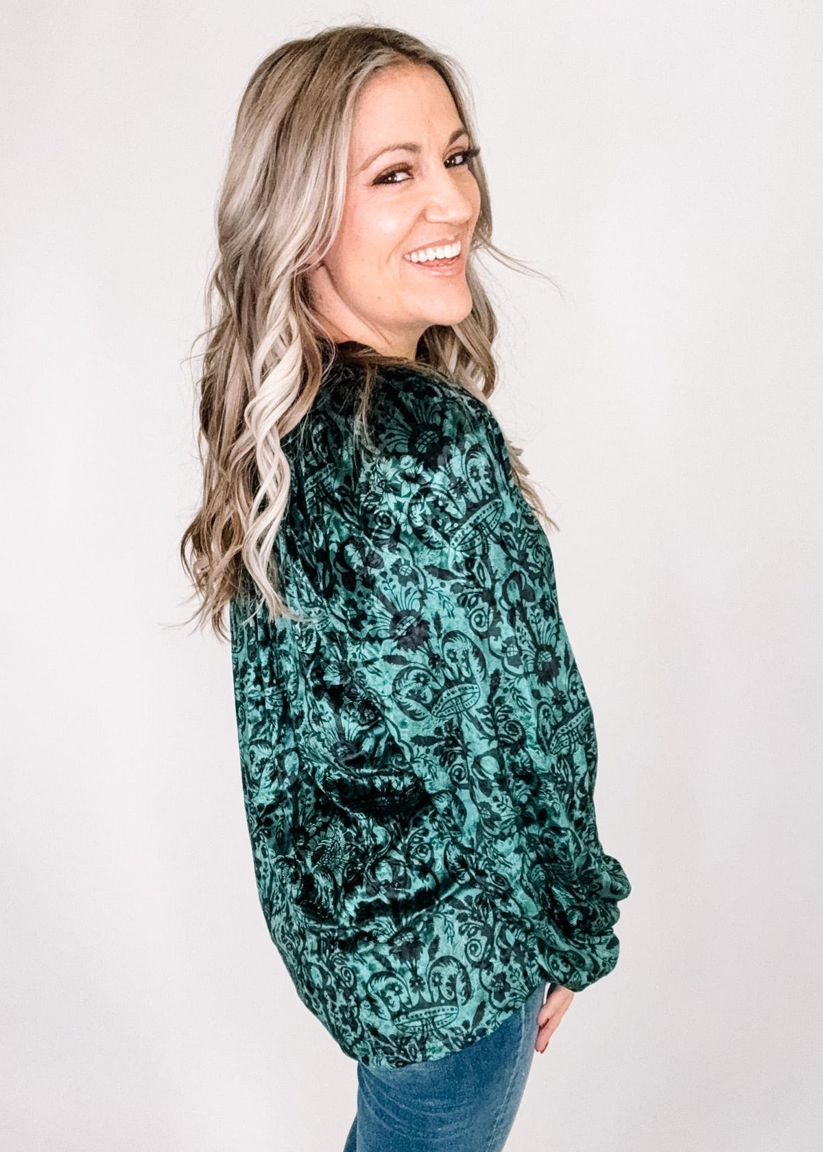 Green and Black Velvet Damask Top