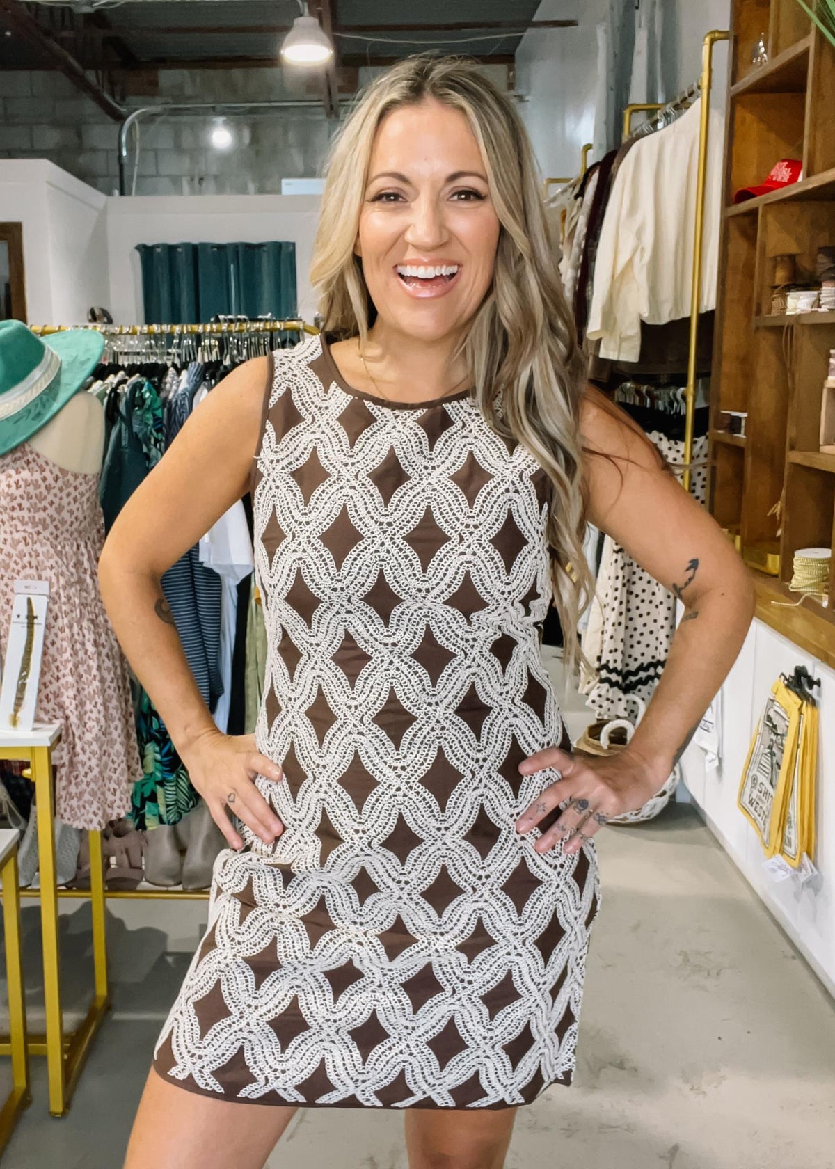 Brown and Ivory Textured Lace Mini Dress