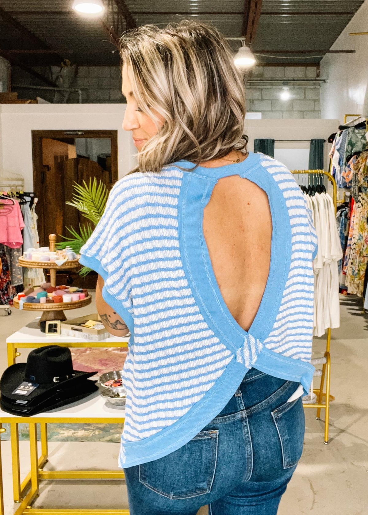 Blue and White Stripe Open Back Top