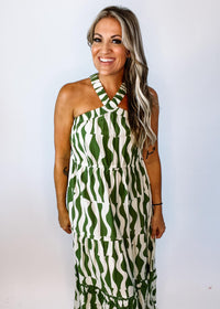 Olive Printed Midi Halter Dress